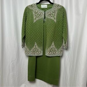 Vintage Jo Ro Imports Green Wool Skirt Set Size 12 Beaded Jacket Cardigan